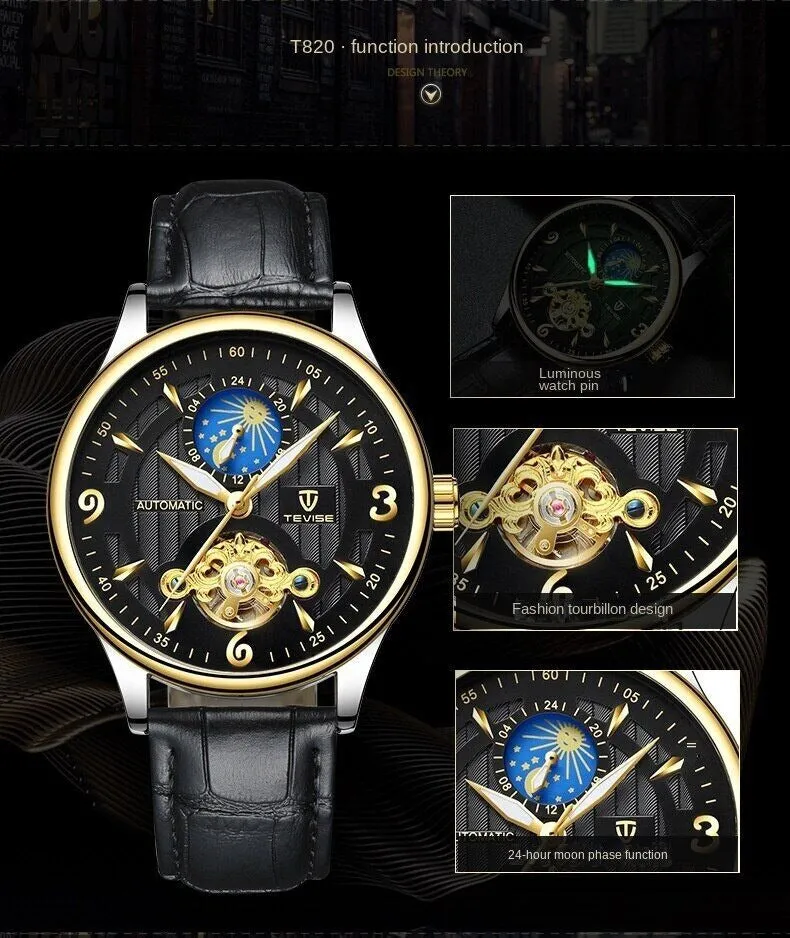 Men's Automatic Leather Mechanical Watch Tourbillon Waterproof Casual Watch | T820b