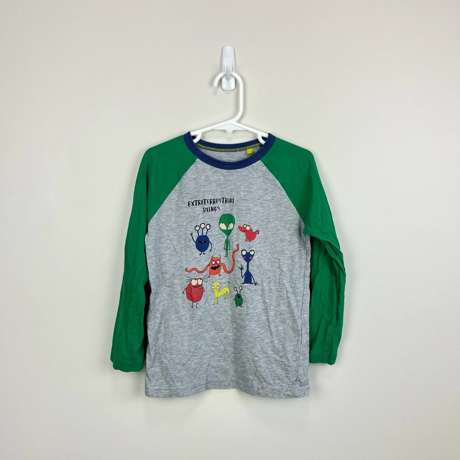 Mini Boden Glowing Space Raglan T-shirt Grey Marl/Green Aliens 5-6