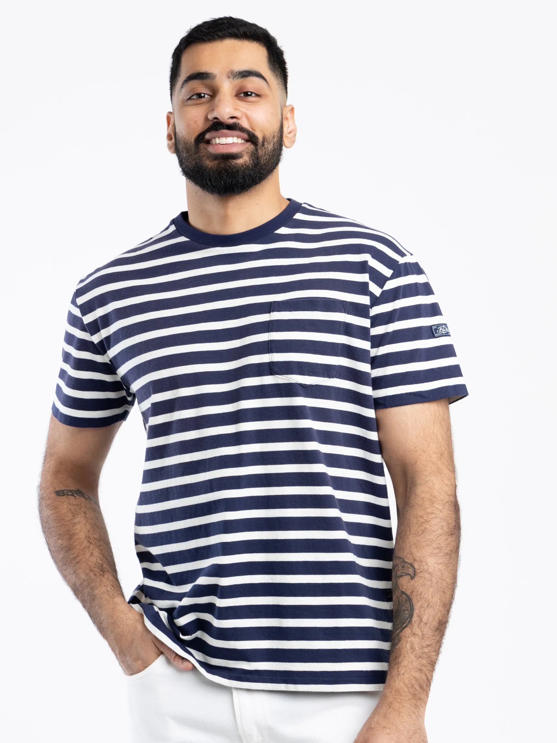 Navy/White Classic-Fit Striped Slub Jersey T-Shirt