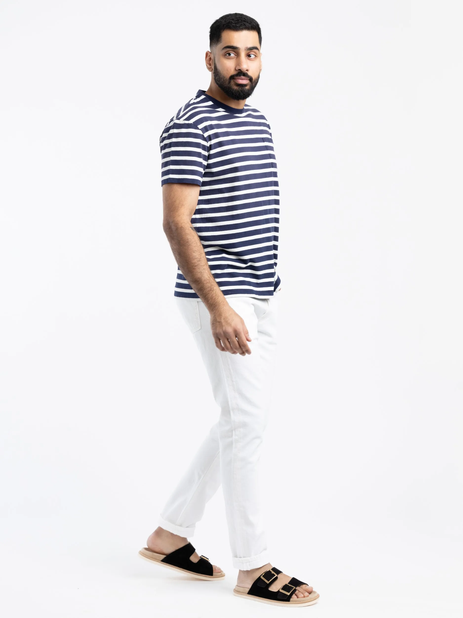 Navy/White Classic-Fit Striped Slub Jersey T-Shirt