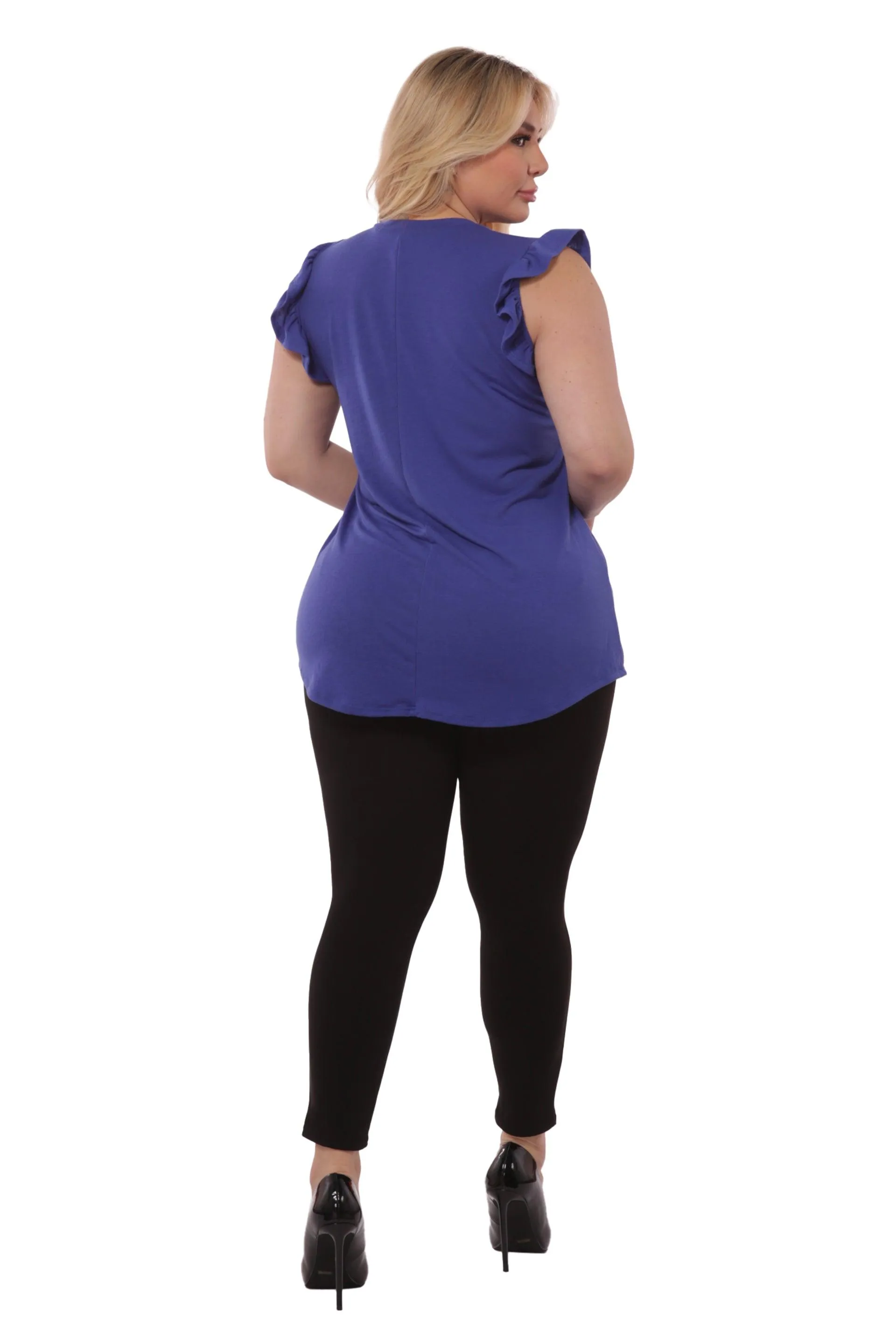 Plus Size V-Neck Tops With Ruffle Armhole Detail - Blue