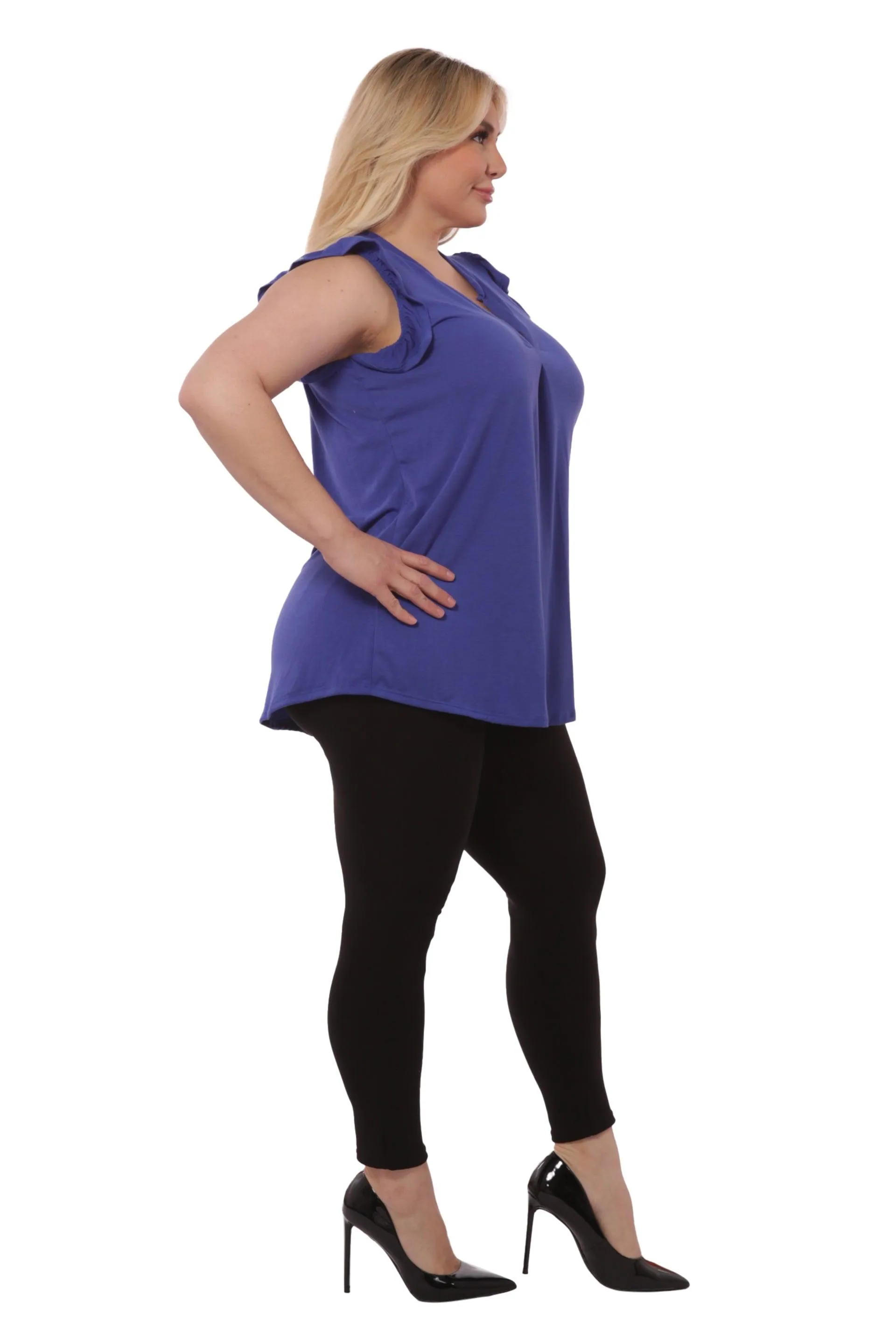 Plus Size V-Neck Tops With Ruffle Armhole Detail - Blue