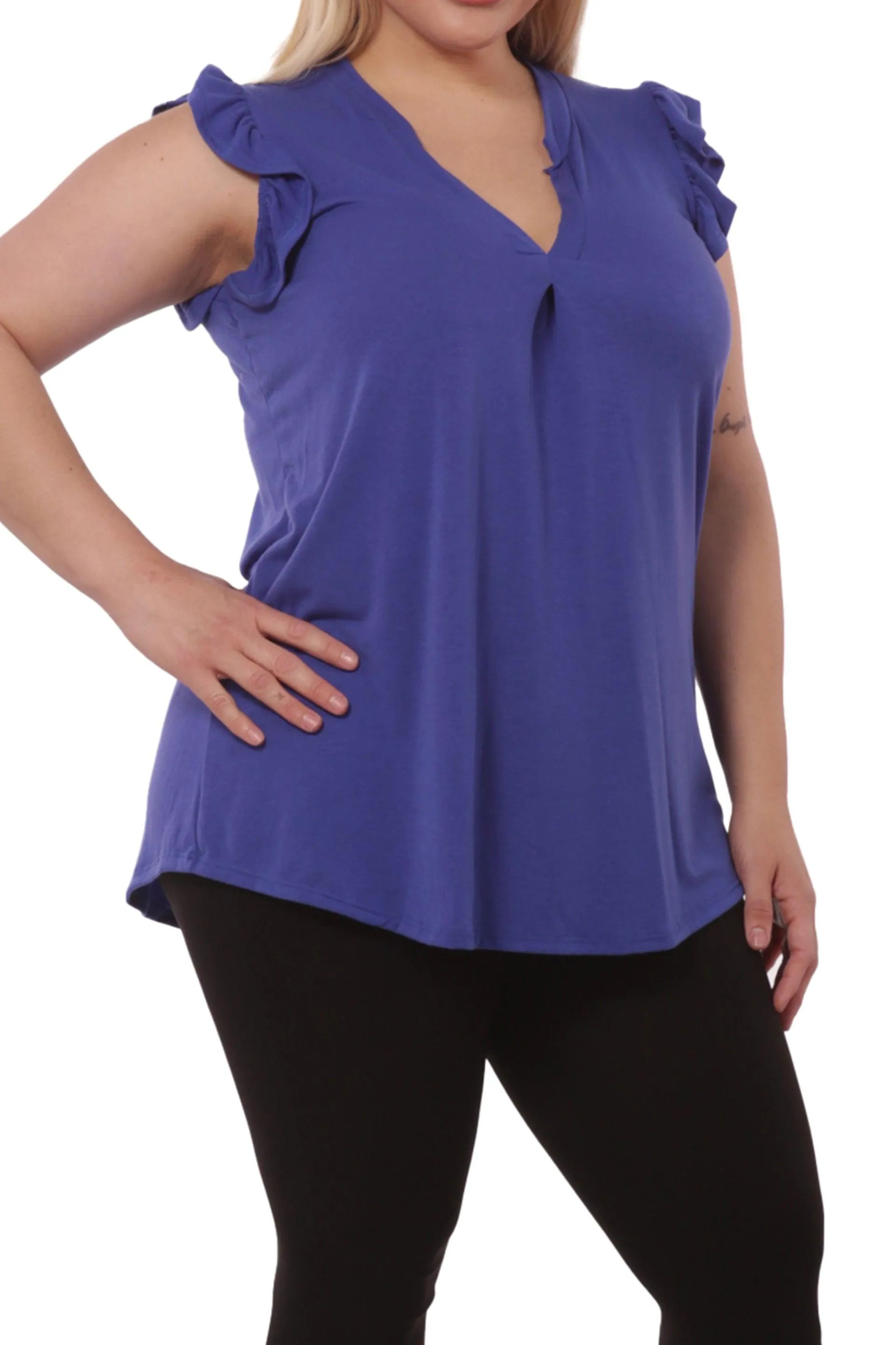 Plus Size V-Neck Tops With Ruffle Armhole Detail - Blue