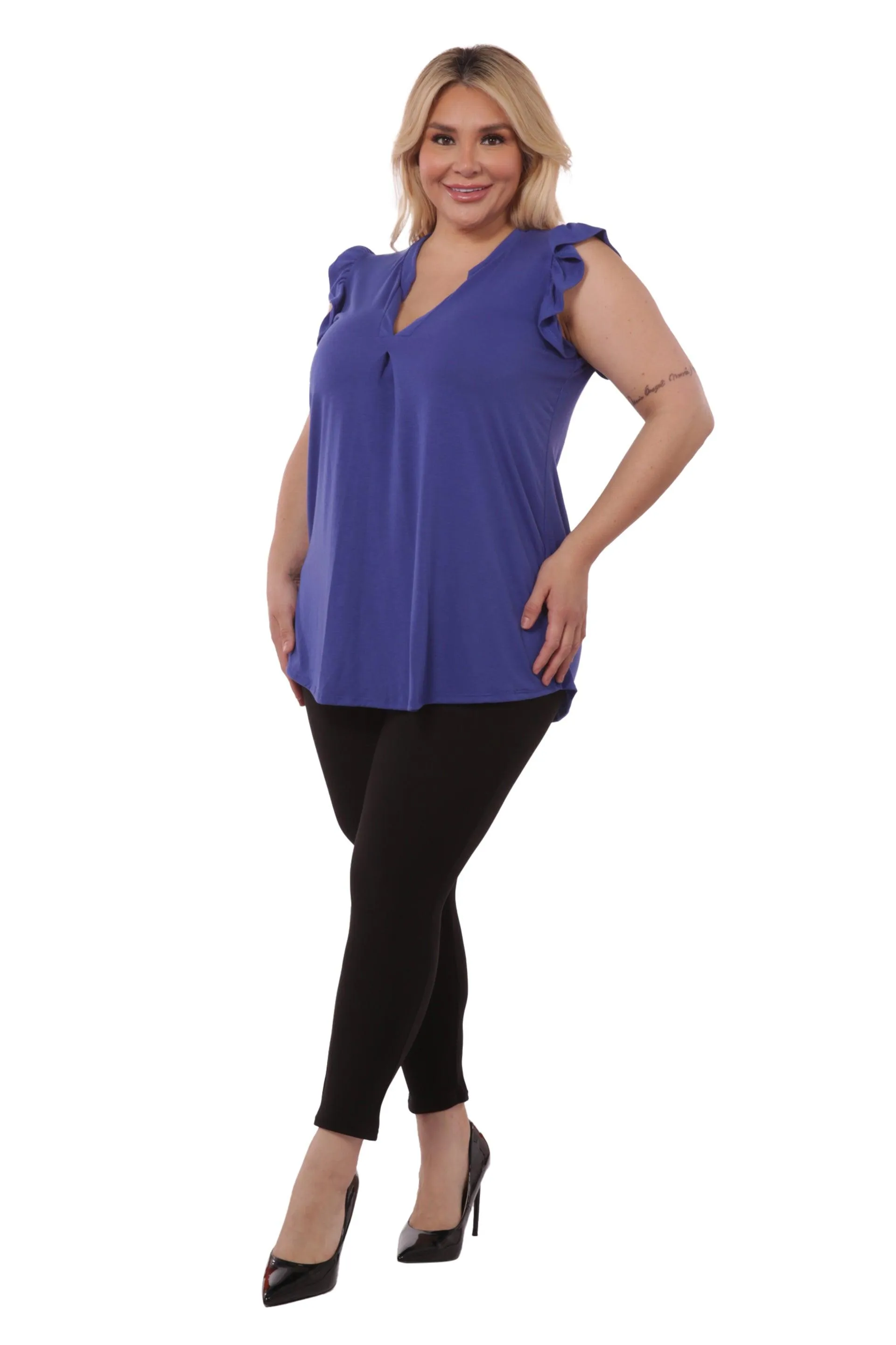 Plus Size V-Neck Tops With Ruffle Armhole Detail - Blue