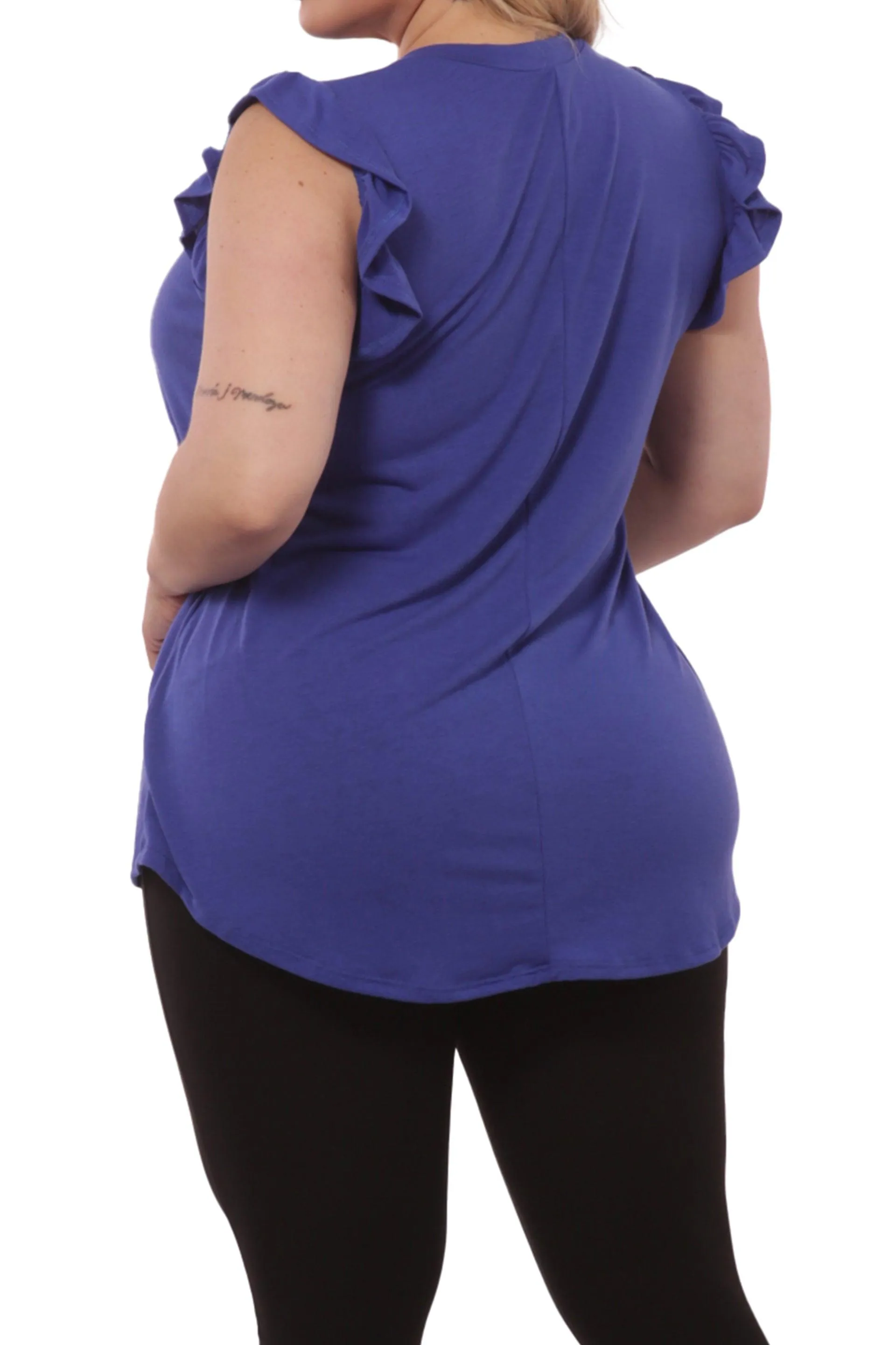 Plus Size V-Neck Tops With Ruffle Armhole Detail - Blue