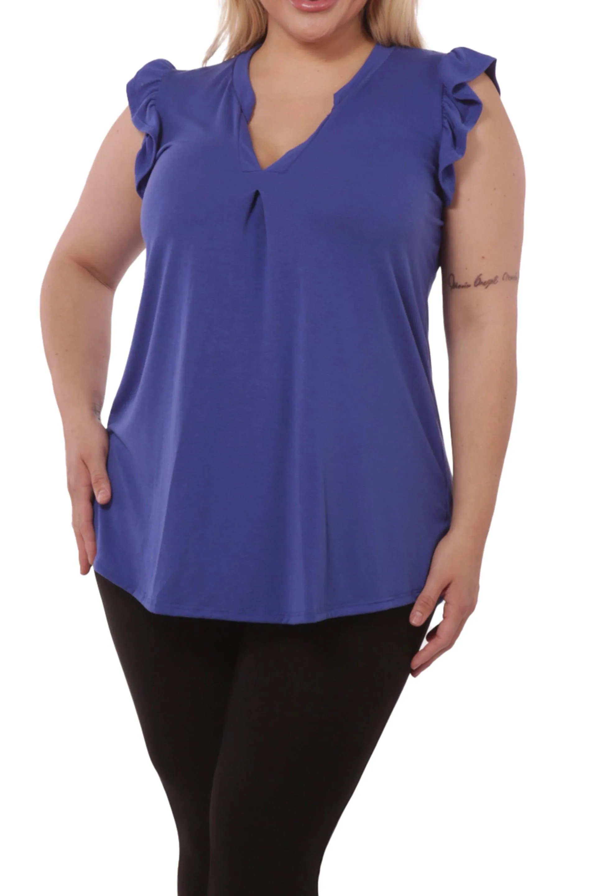 Plus Size V-Neck Tops With Ruffle Armhole Detail - Blue