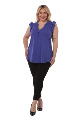 Plus Size V-Neck Tops With Ruffle Armhole Detail - Blue