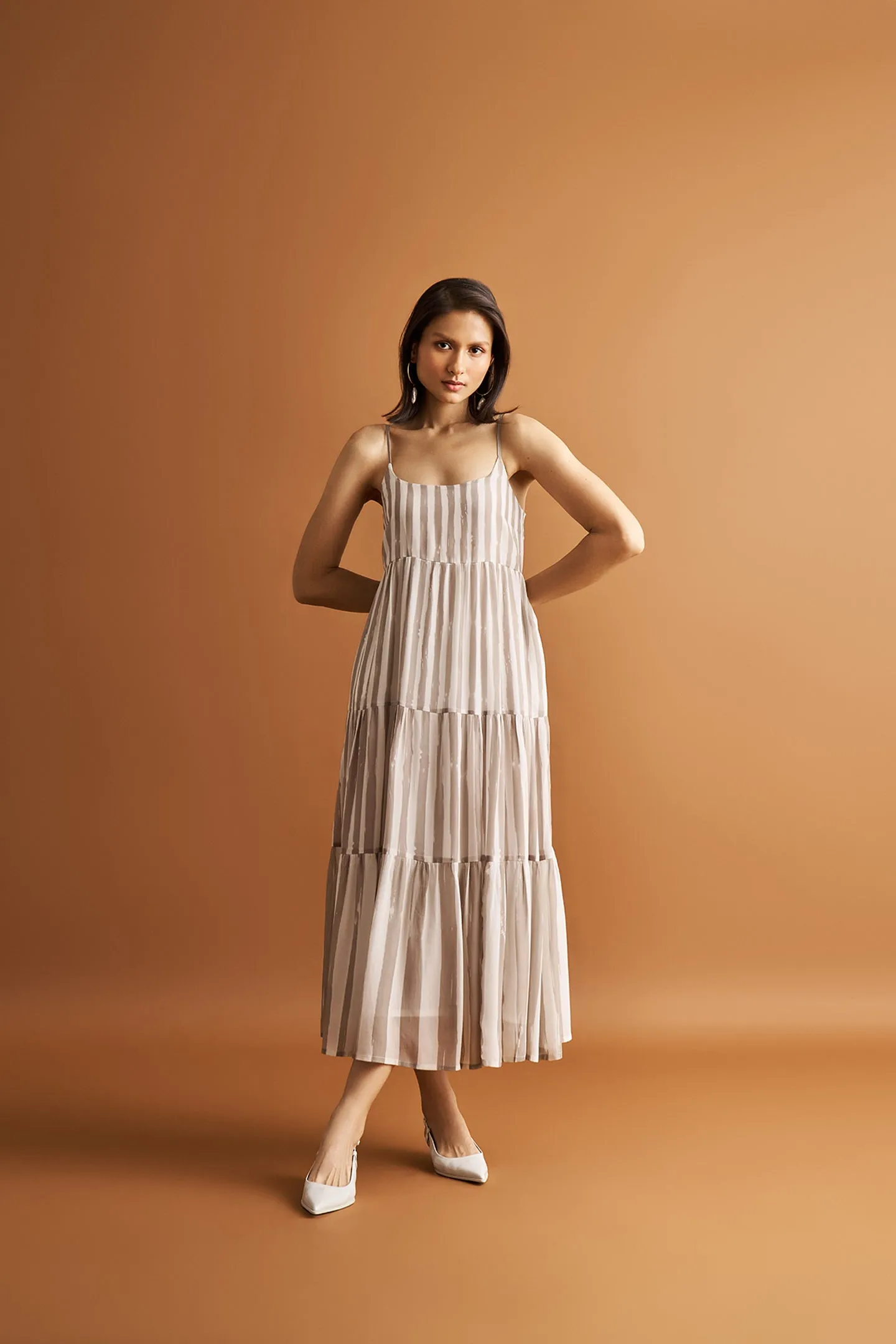 Reistor Strappy Tiered Maxi Dress in Beige Stripes