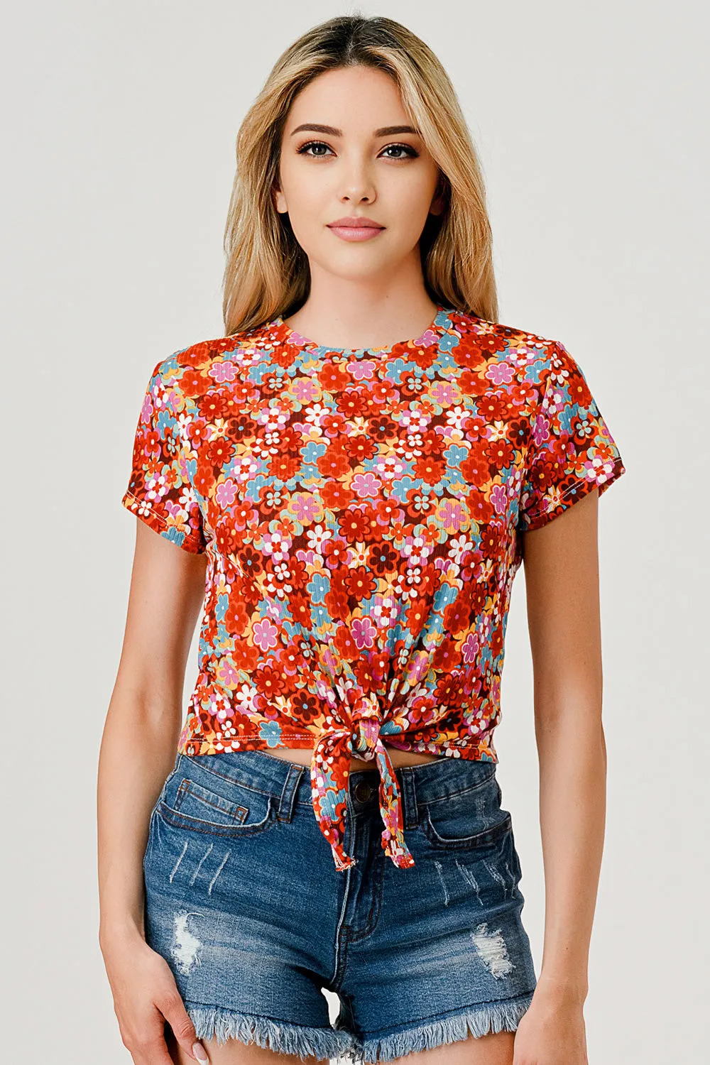 Rib Knit T-Shirt Tops With Knot Front Tie - Orange Floral