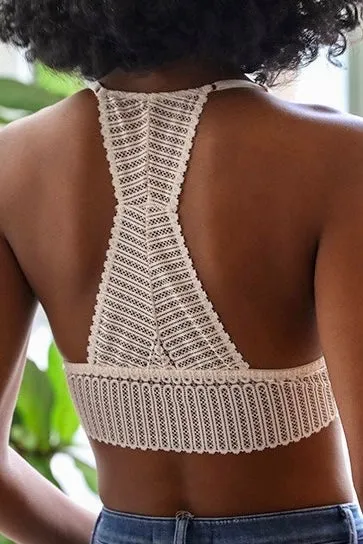 Ribbed Lace Boho Racerback Bralette- Ivory