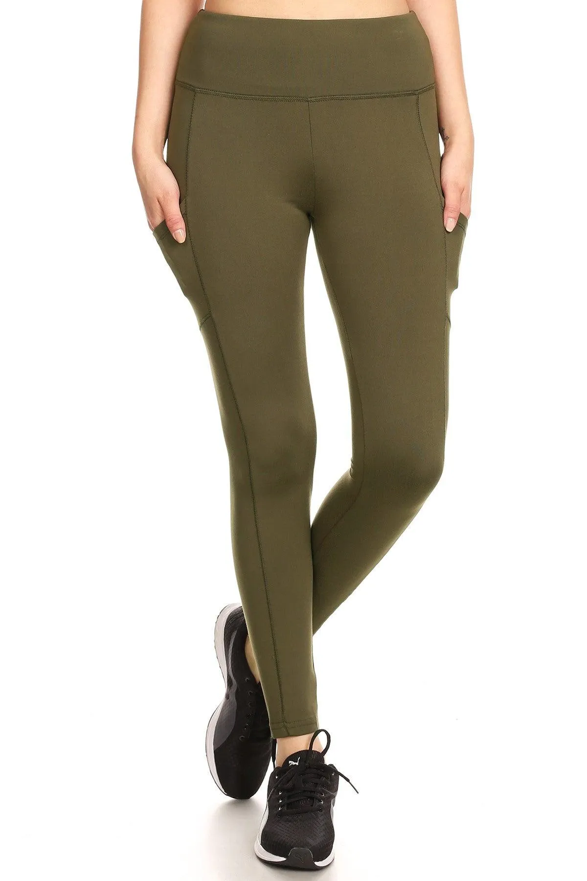 Solid Fleece Lined Sports Leggings With Side Pockets - Olive