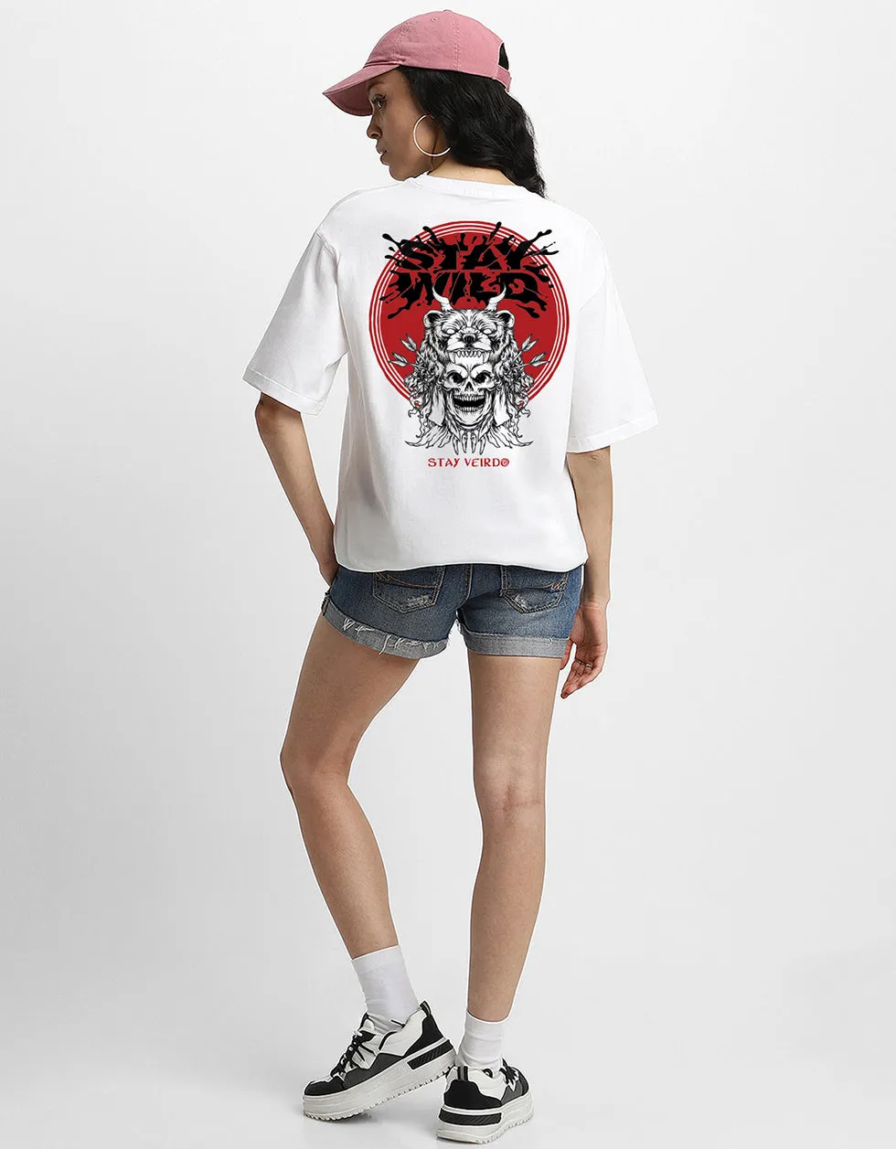 STAY WILD Women White Oversized Back Puff Printed Tshirt