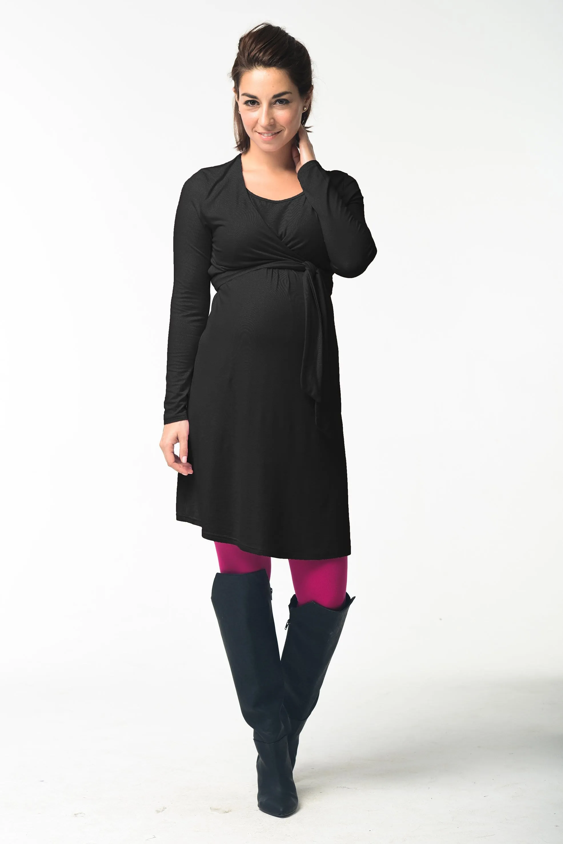 Virginia Tie Up Long Sleeve Bamboo Cotton Nursing Dress Charcoal