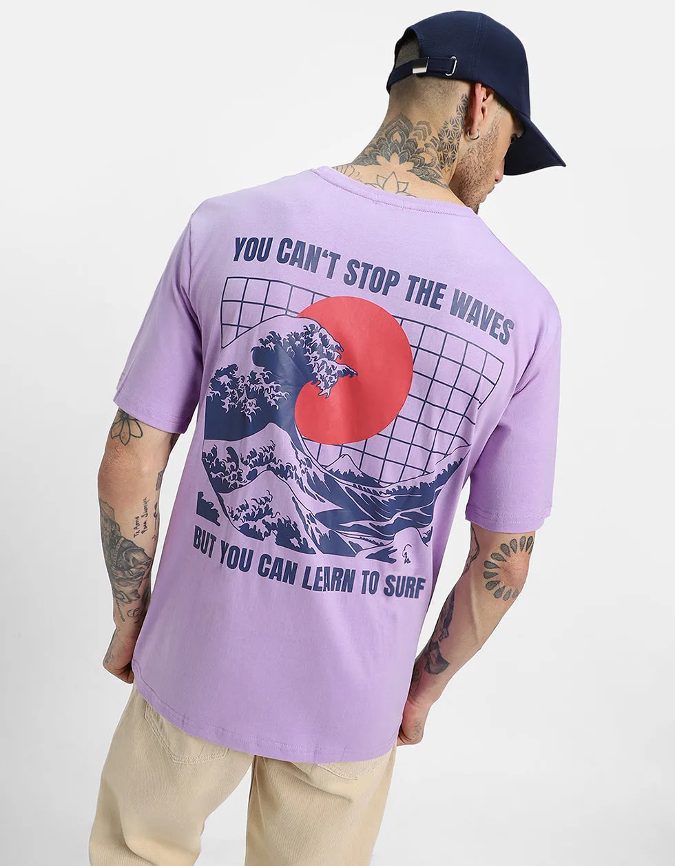 WAVES Lilac Oversized Back Graphic Printed Tshirt