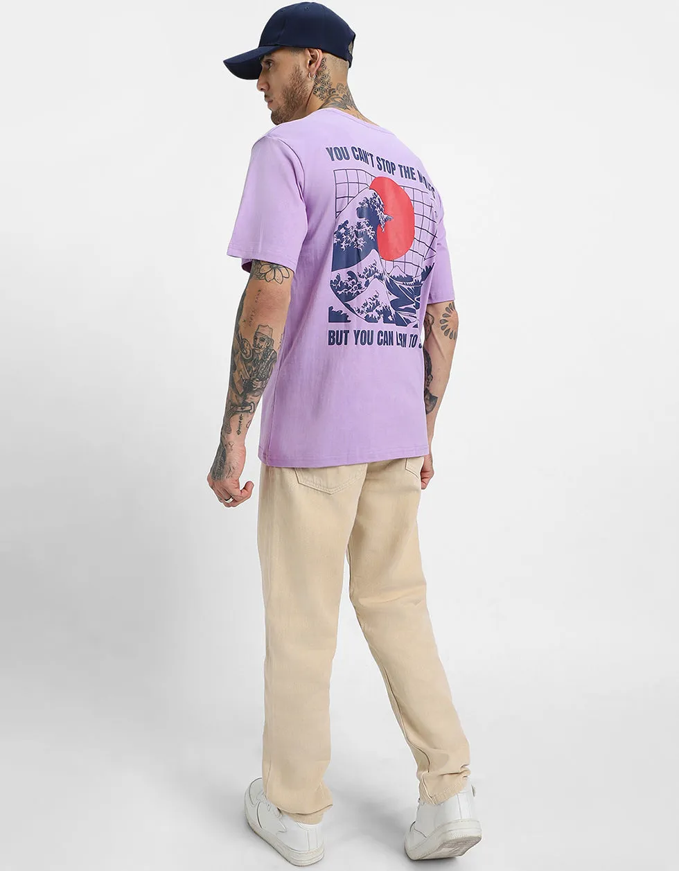 WAVES Lilac Oversized Back Graphic Printed Tshirt