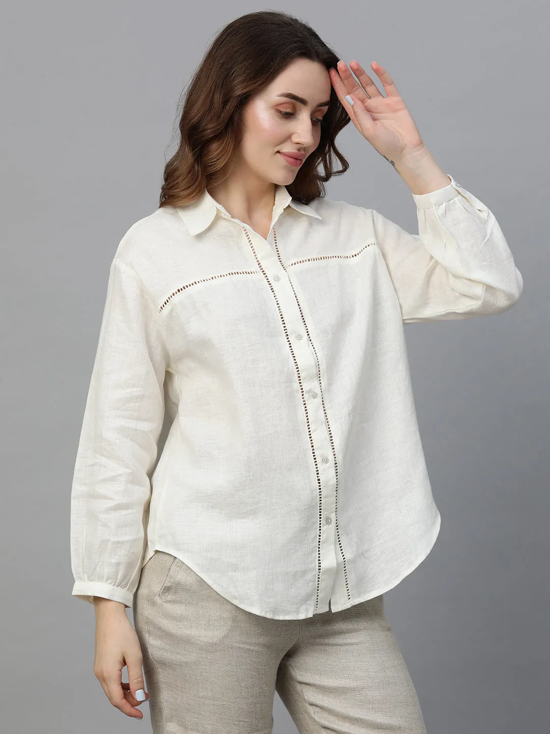 Women's Offwhite Linen Loose Fit Blouse