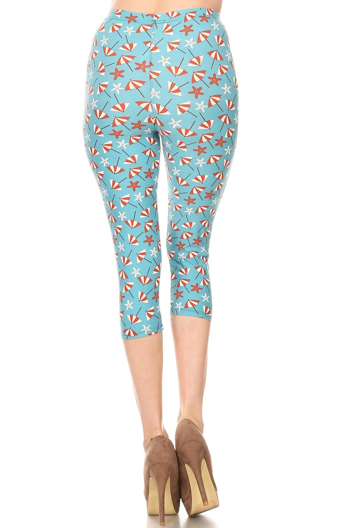 Women's Regular colorful Beach Umbrella Starfish Printed Cropped Capri Leggings