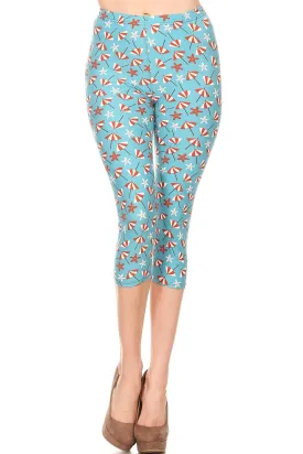 Women's Regular colorful Beach Umbrella Starfish Printed Cropped Capri Leggings